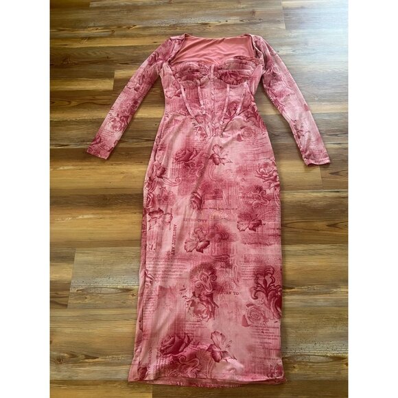 SHEIN Curve 0XL Pink Print Corset Maxi Dress Bodycon Mesh Long Sleeve Y2K - Picture 11 of 11